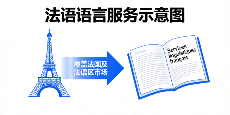 法语语言服务示意图 - 埃菲尔铁塔与法语文档，代表法国及法语区市场