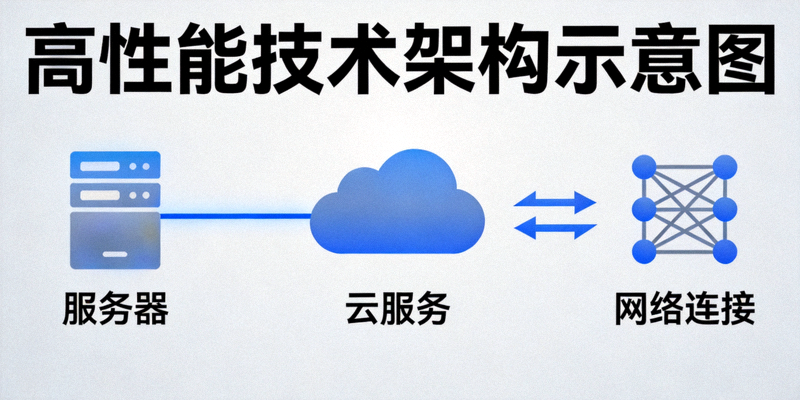 高性能技术架构示意图 - 服务器、云与网络连接图标