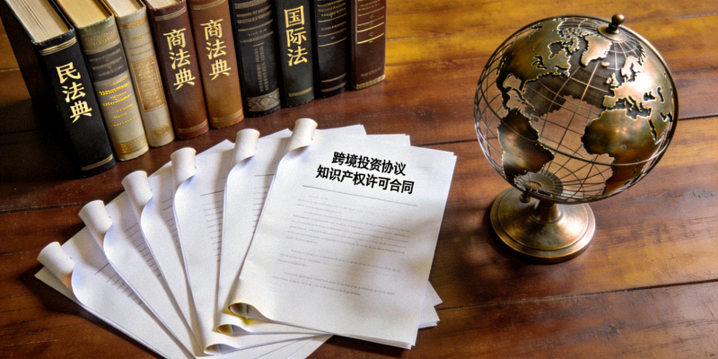 国际法律与合规文件 - 桌上摆放着多国法律书籍、合同文件与地球仪