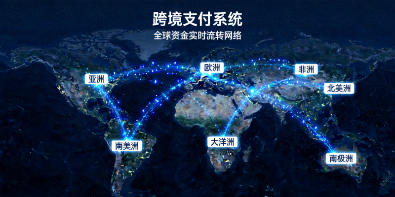 跨境支付系统概念图 - 显示全球地图与连接各洲的发光数据流