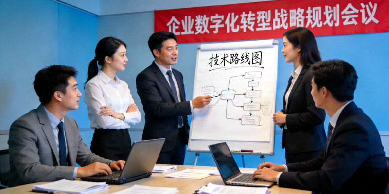 企业数字化转型战略规划会议 - 团队在白板前讨论技术路线图