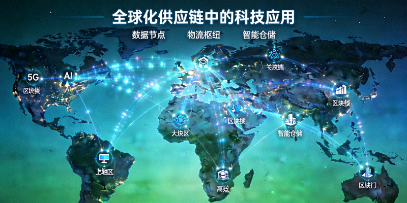 全球化供应链中的科技应用 - 世界地图与数据流网络叠加示意图