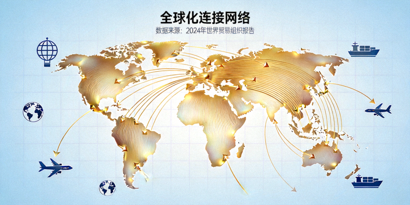 全球化元素展示 - 世界地图与连接各洲的线条网络