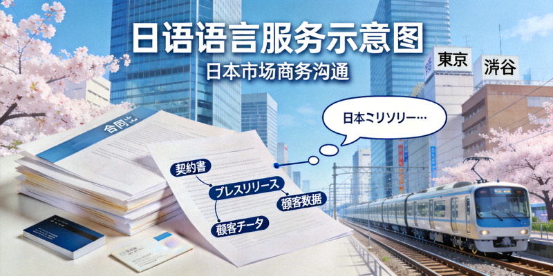 日语语言服务示意图 - 东京街景与日语文档，代表日本市场商务沟通