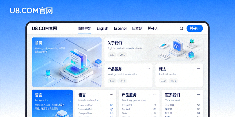 U8.COM官网多语言服务界面展示，屏幕上同时显示多种语言的网站版本