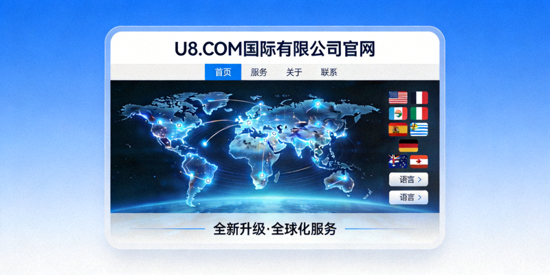 U8.COM国际有限公司官网全新升级后的现代化数字界面展示，突出全球化服务元素