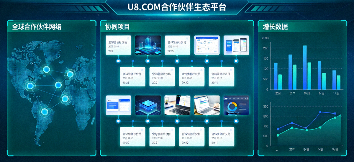 U8.COM合作伙伴生态平台数字仪表盘示意图 - 展示全球合作伙伴网络、协同项目与增长数据