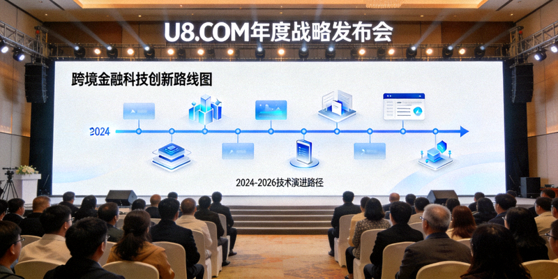U8.COM年度战略发布会现场，大屏幕展示跨境金融科技创新路线图