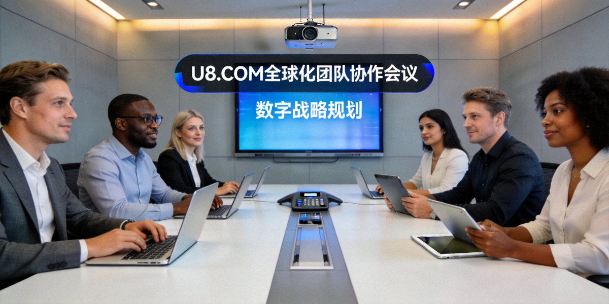 U8.COM全球化团队协作会议场景 - 来自不同国家的团队成员在现代化会议室中讨论数字战略