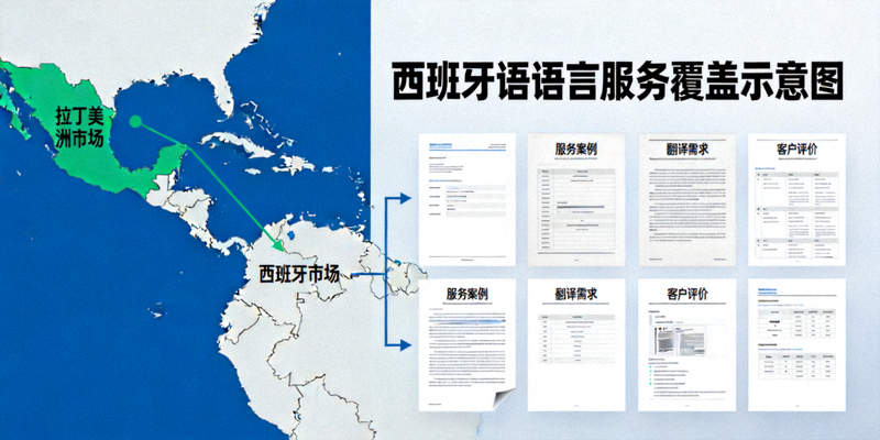 西班牙语语言服务示意图 - 展示拉丁美洲与西班牙市场的地图与文档