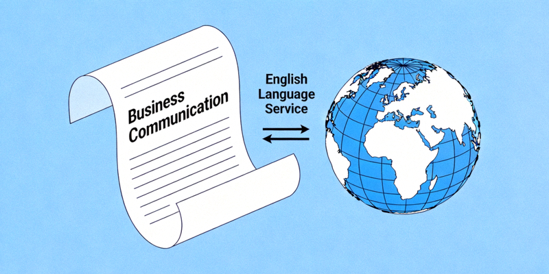 英语语言服务示意图 - 显示英文文档与地球仪，代表全球商务英语沟通