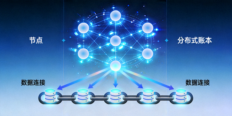区块链技术节点网络可视化图 - 展示分布式账本与数据连接