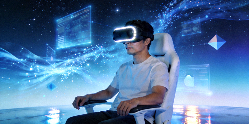 虚拟现实体验场景 - 用户佩戴VR头显沉浸在虚拟数字环境中