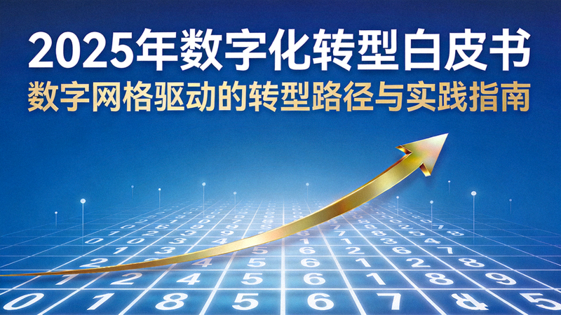 2025年数字化转型白皮书封面概念图，蓝色背景上显示数字网格与上升箭头，象征数字化进程
