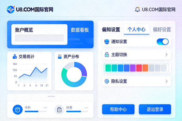 U8.COM国际官网改版后个人中心界面数据看板与偏好设置展示图